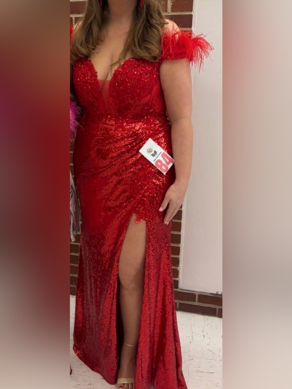 Nox Anabel C1422 Feathered Trumpet Prom Dress Red Medium